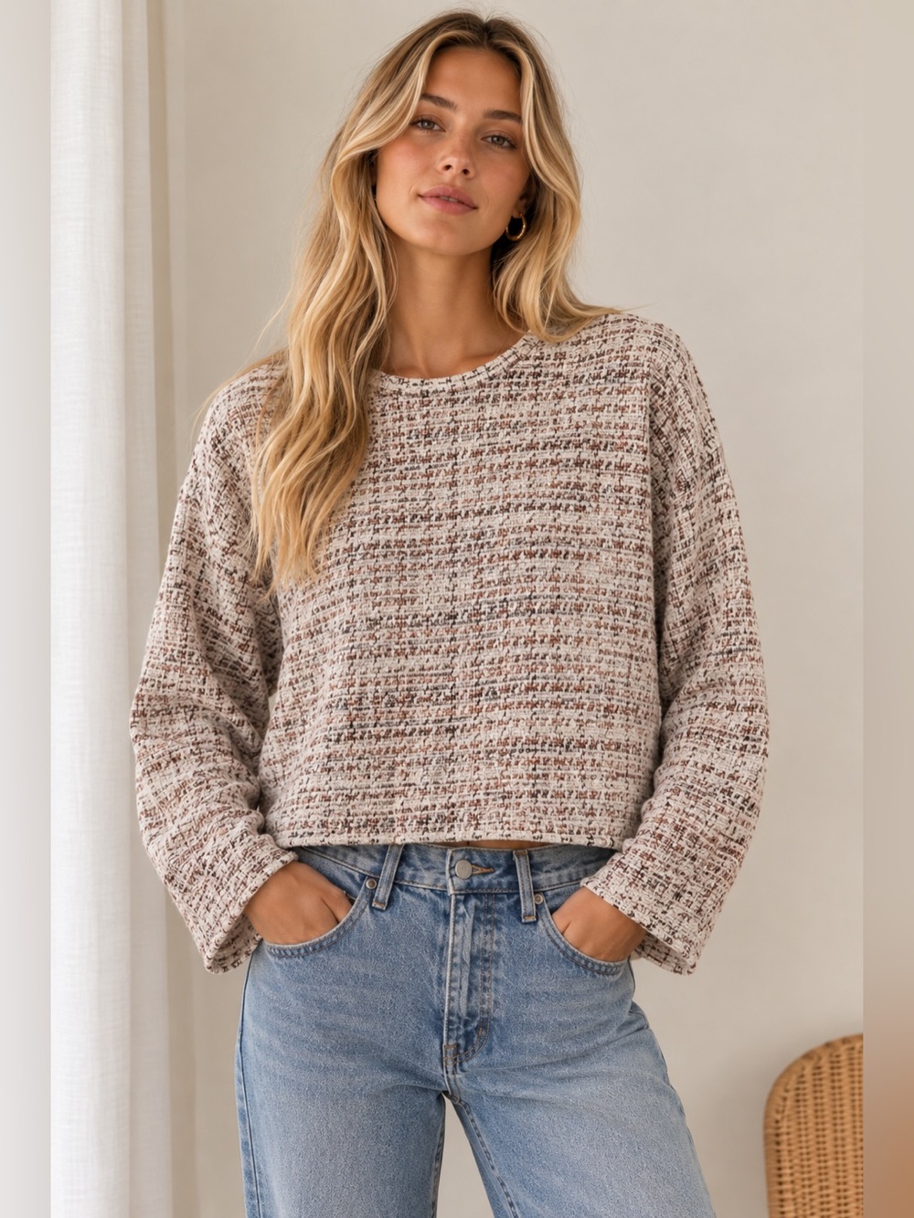BURU Tweed Long Sleeve Cropped Tweed Blouse Top Size XS/S